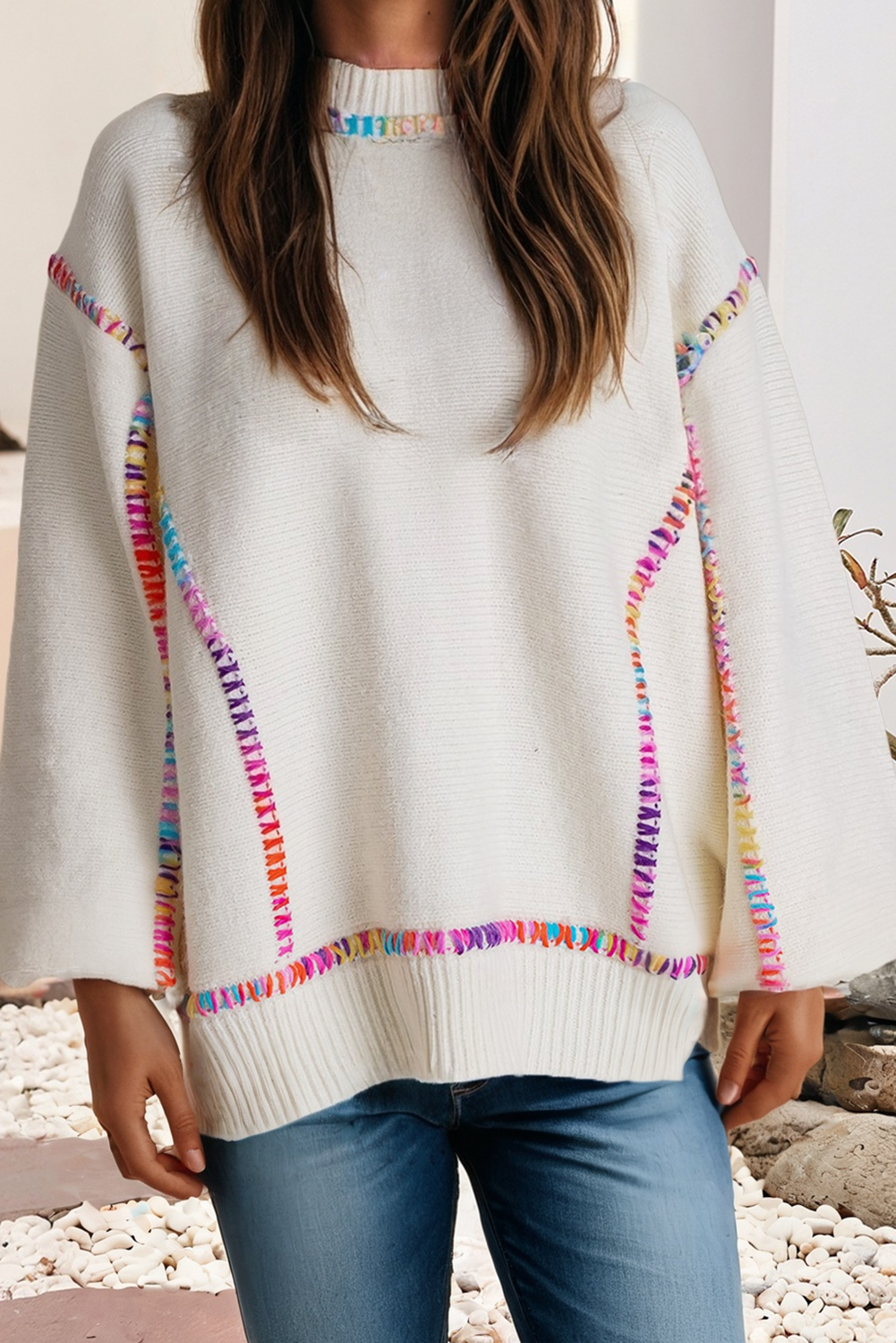 Color Block Stitching Bishop Sleeve Sweater