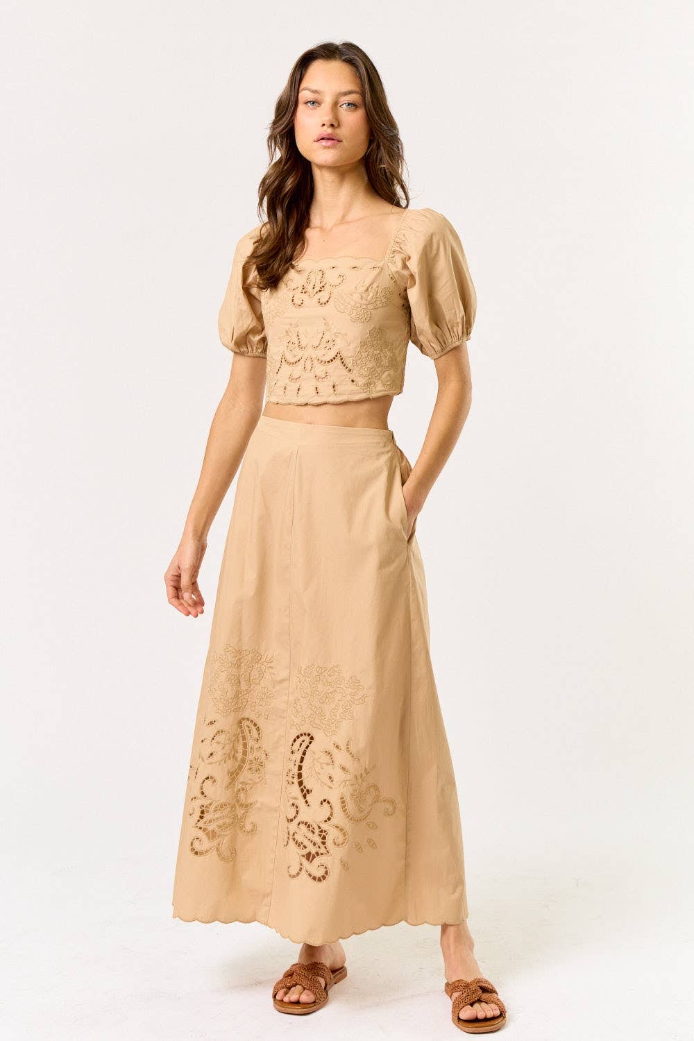 Puff Sleeve Embroidery Cropped Top & Skirt Set