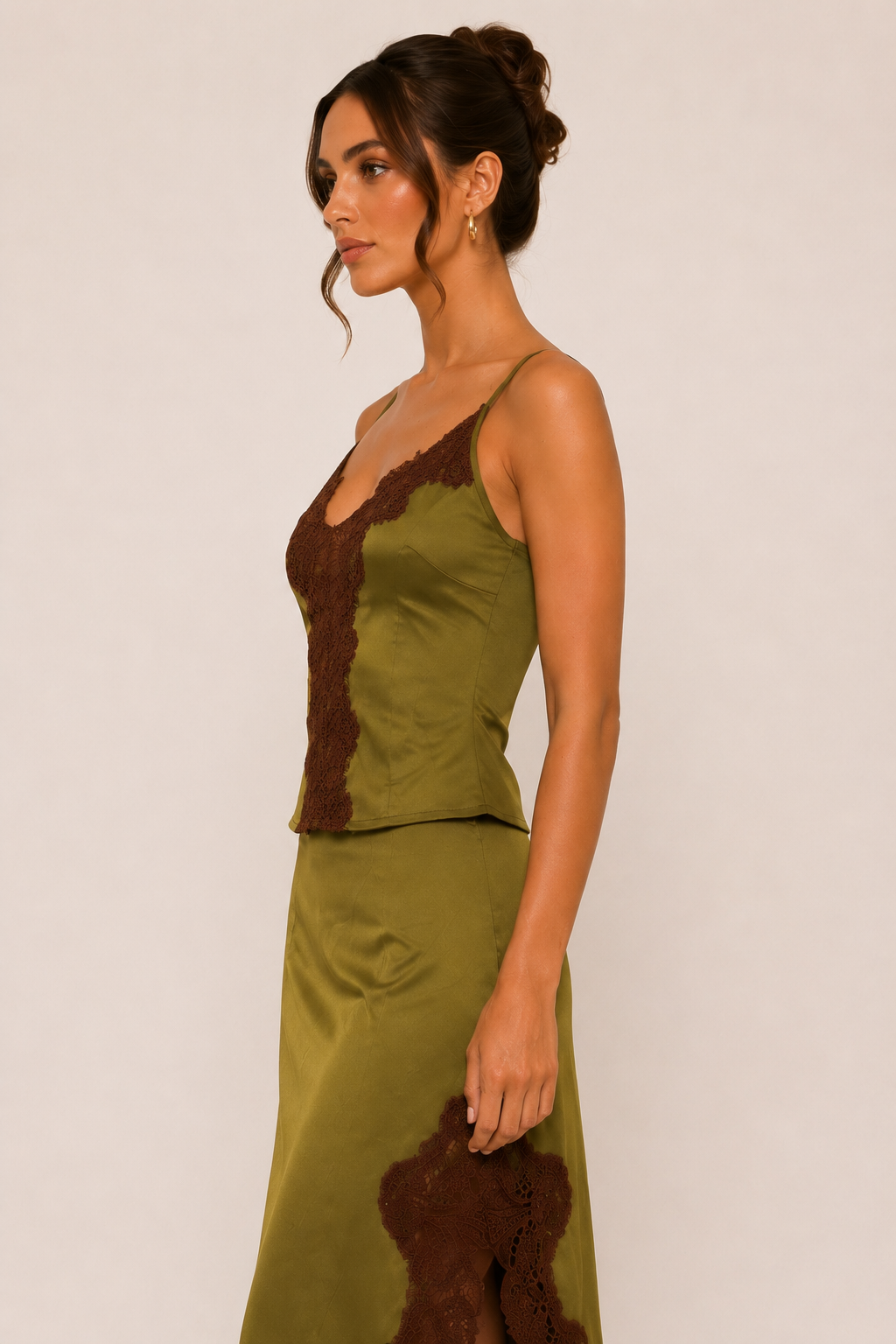OLIVE LACE TRIM SATIN TOP - TI7512FO