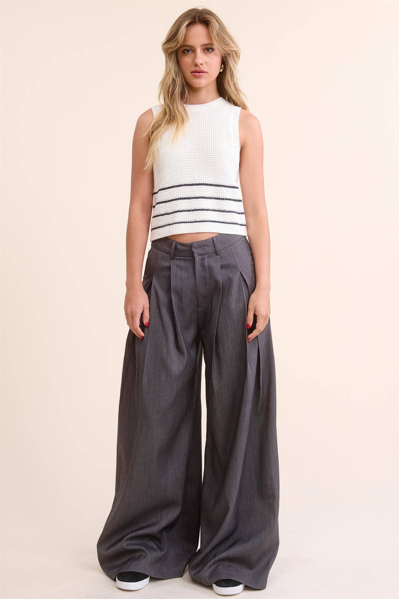 Trendy Low Waist  Wide Leg Pleated Trouser Pants