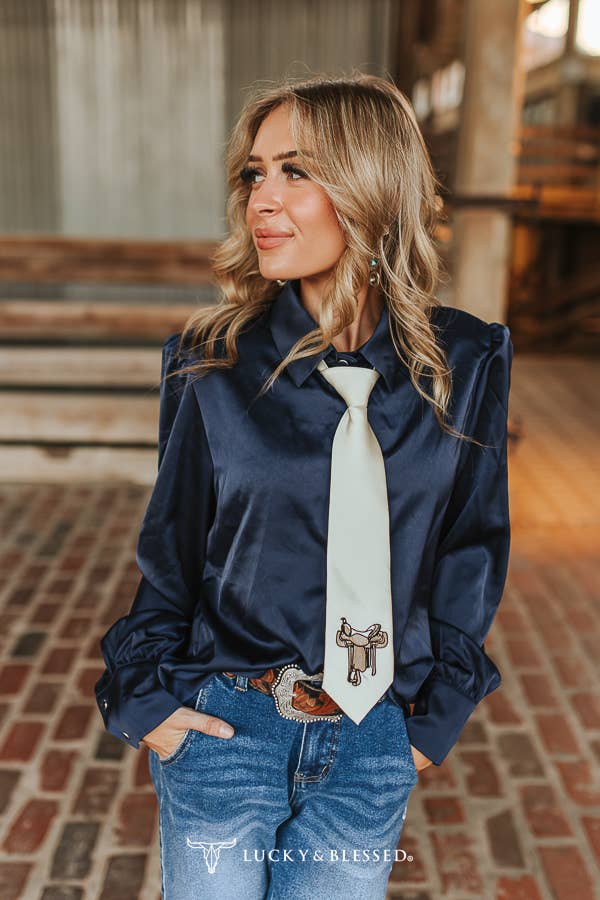 Royal Blue Satin Western Shirt With Saddle Tie