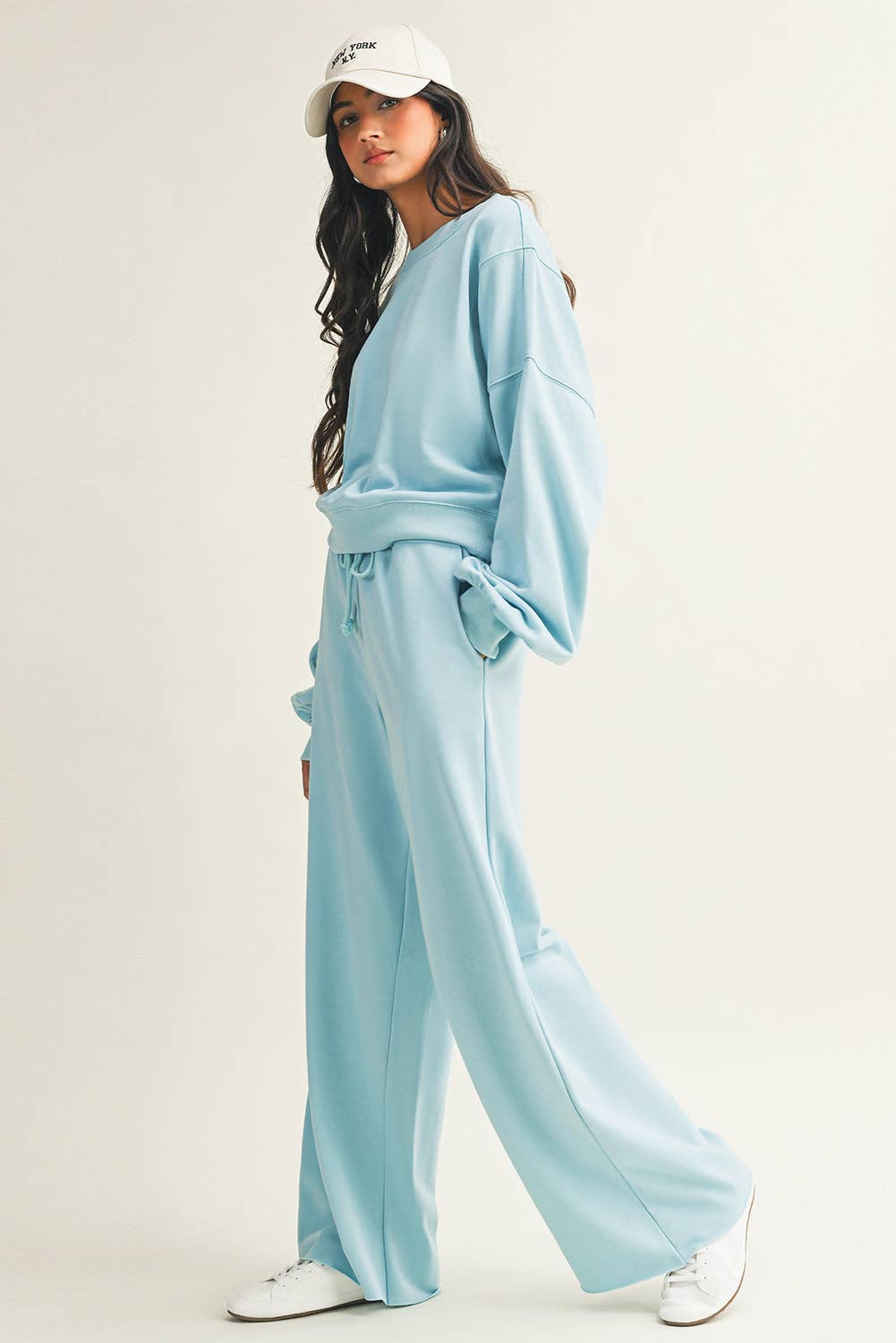 Drop Shoulder Pullover Drawstring Wide Leg Pants Set