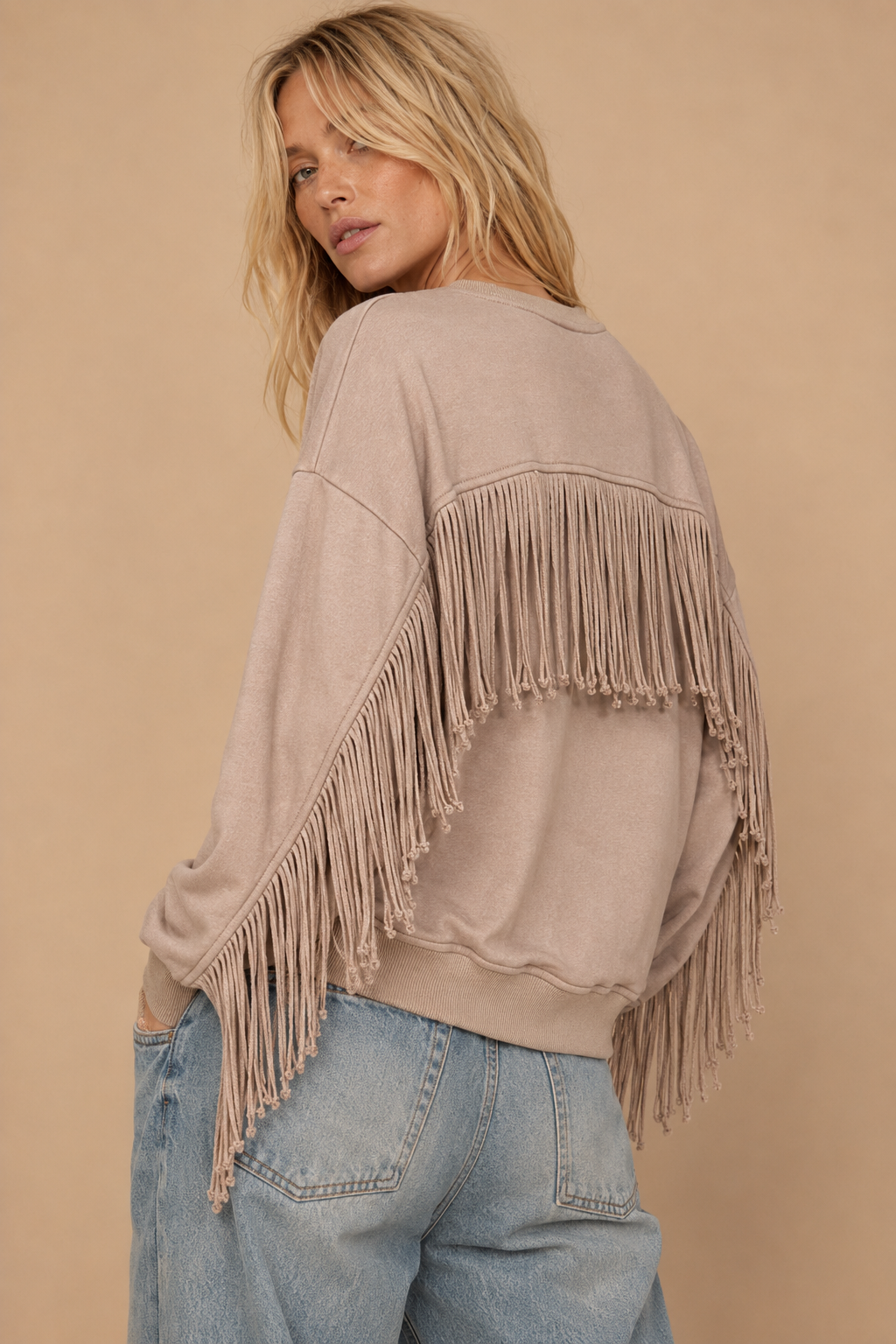 Fringe-Trimmed Oversized Sweatshirt