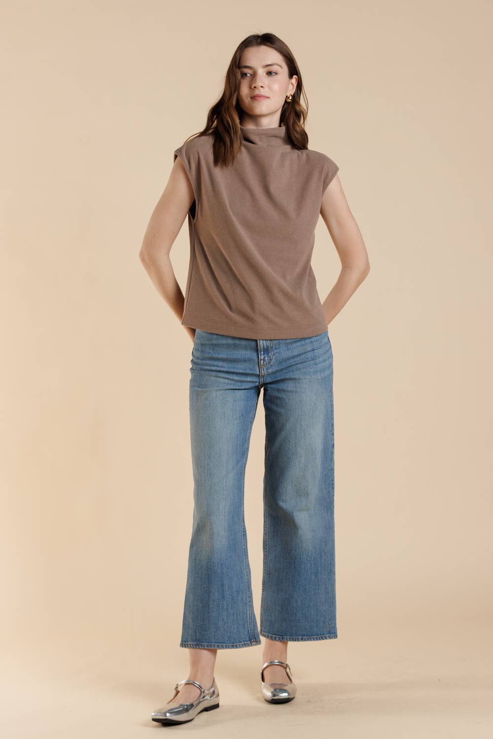 Soft Touch Brushed Knit Mock Neck Sleeveless Top