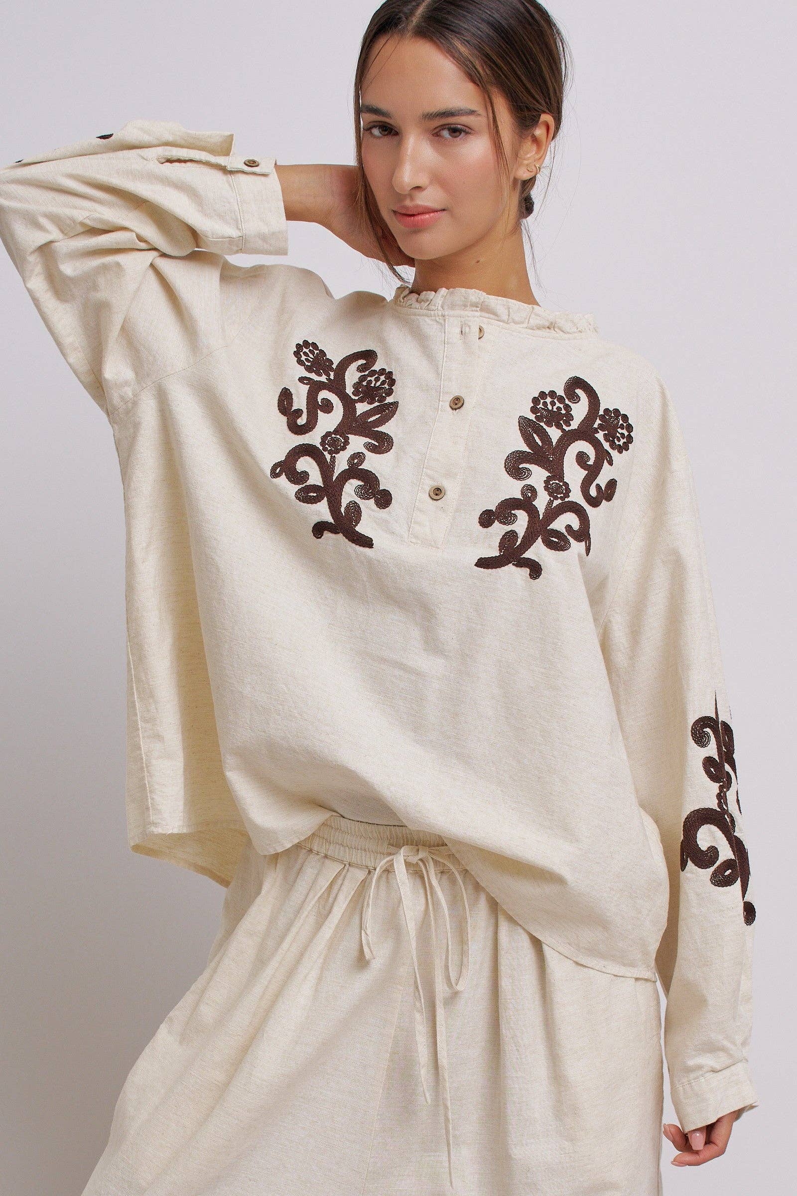 Embroidered Cotton Linen Blouse With Ruffle Collar