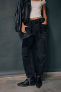 Braided drawstring patchwork barrel jeans