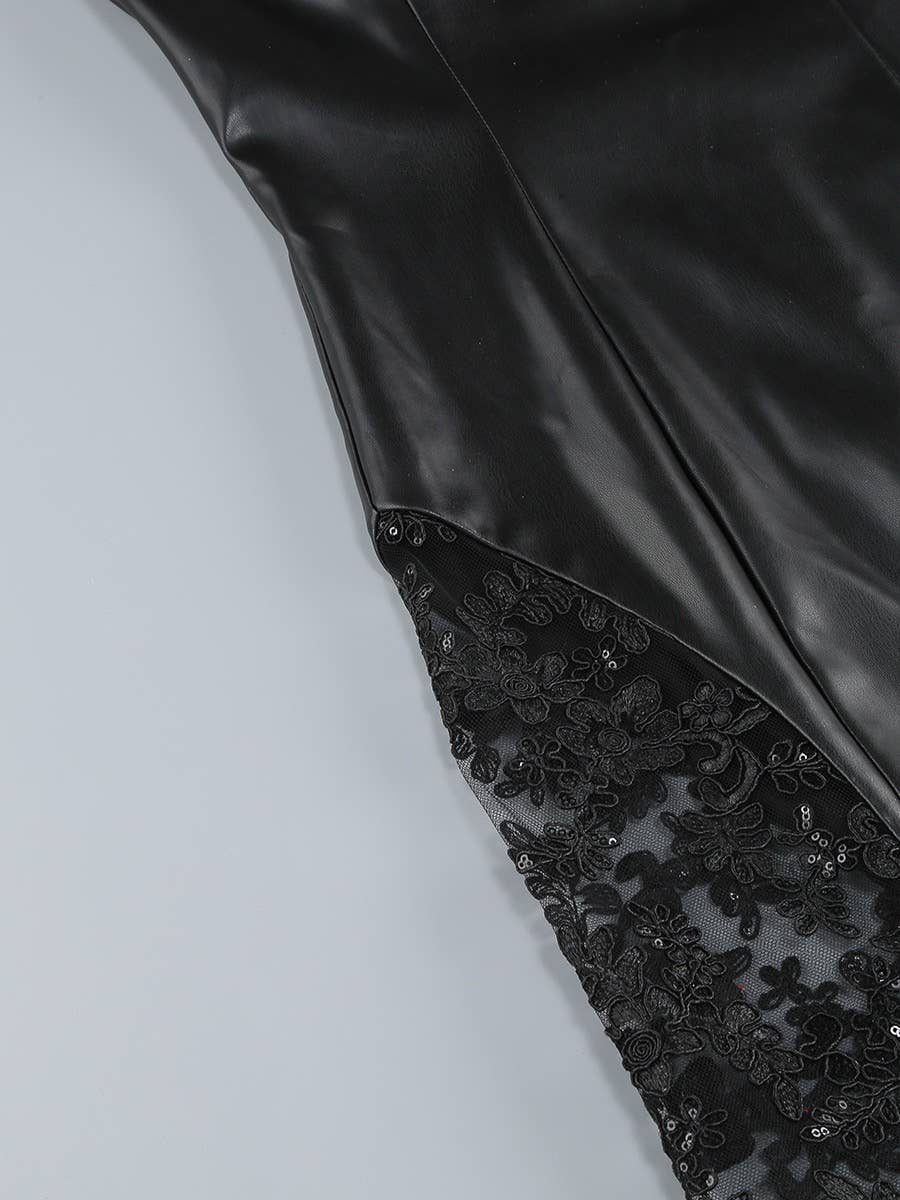 DR1021 Strapless PU Leather Lace Panel Midi Dress Chic