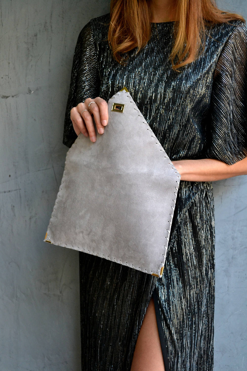 Soft leather clutch in light gray