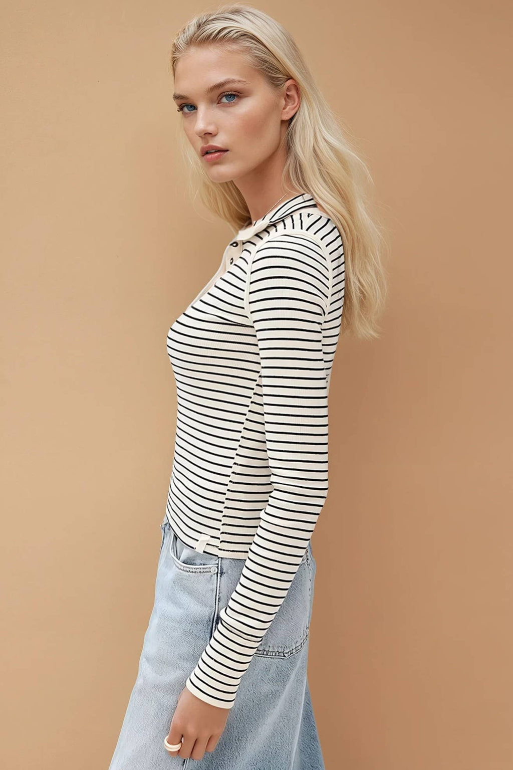 LONG SLEEVE STRIPED KNIT HENLEY TOP W1583TIA