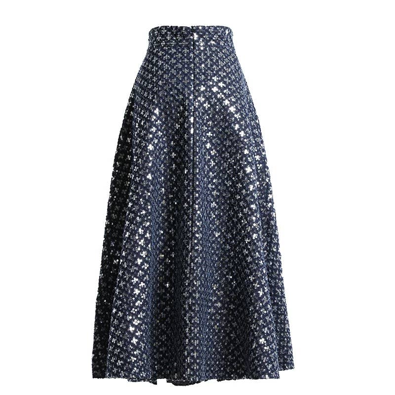 Embroidered Sequin Denim A-Line Skirt-FINAL SALE ITEM