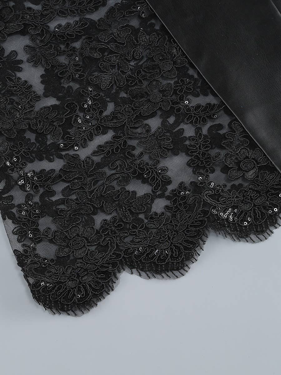 DR1021 Strapless PU Leather Lace Panel Midi Dress Chic