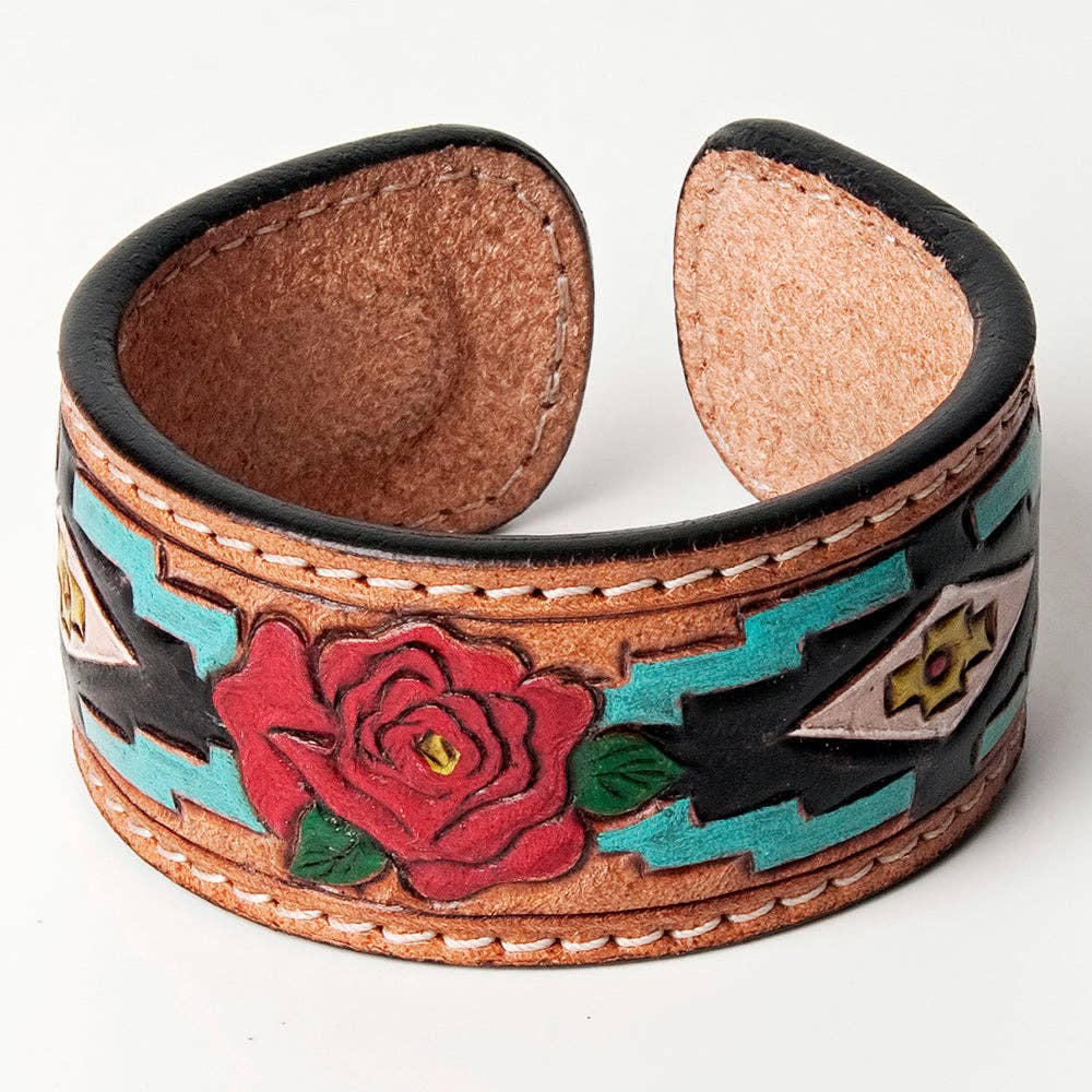 Red Rose Tooled Leather Cuff Bracelet