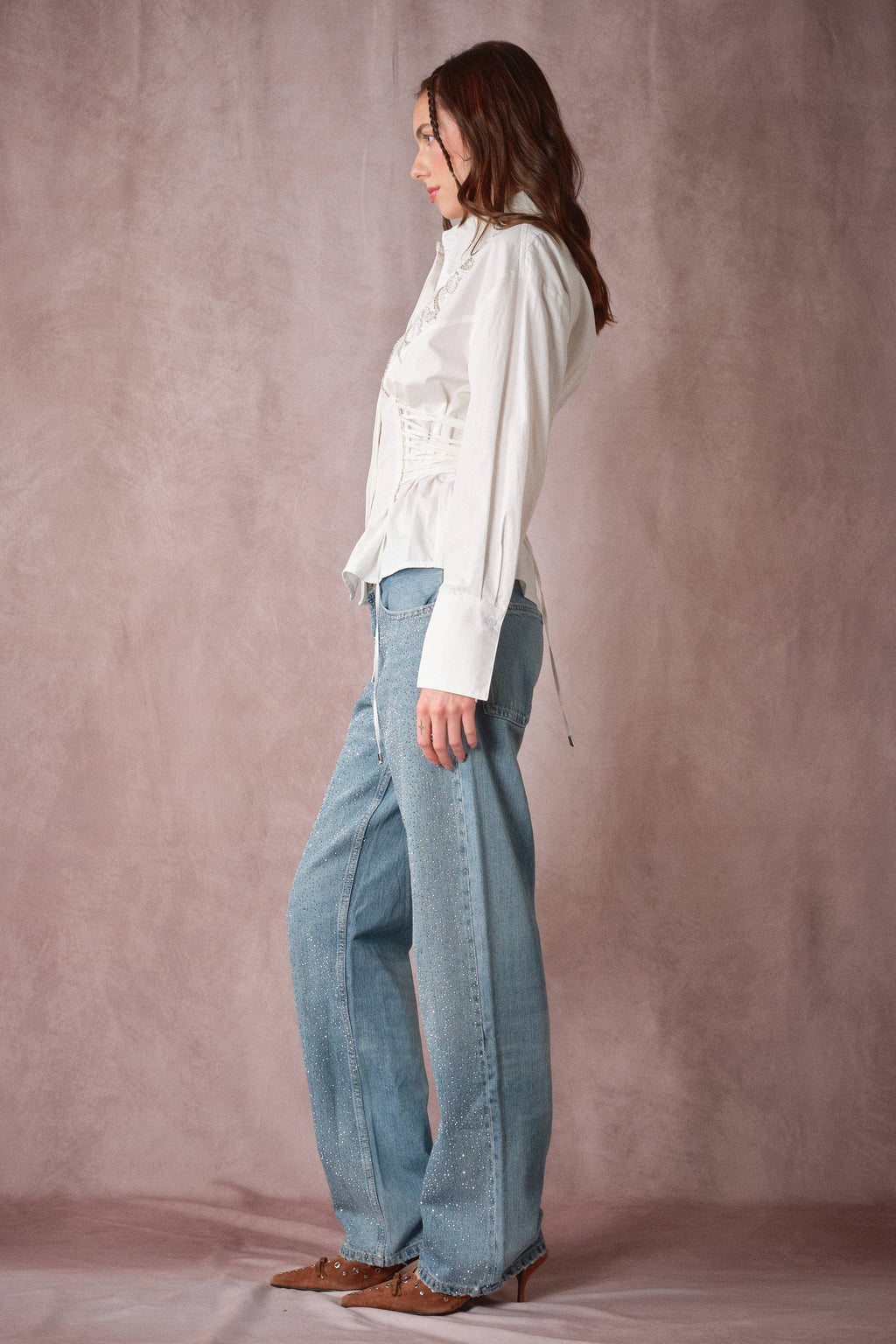 Beaded Embroidery Waist Tie Shirt