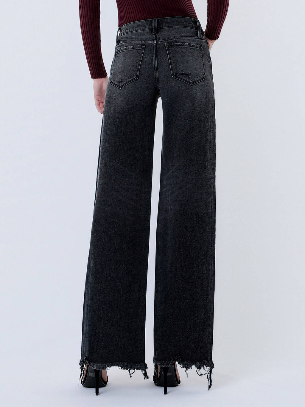 MID RISE DISTRESSED HEM BLACK WIDE LEG  JEANS
