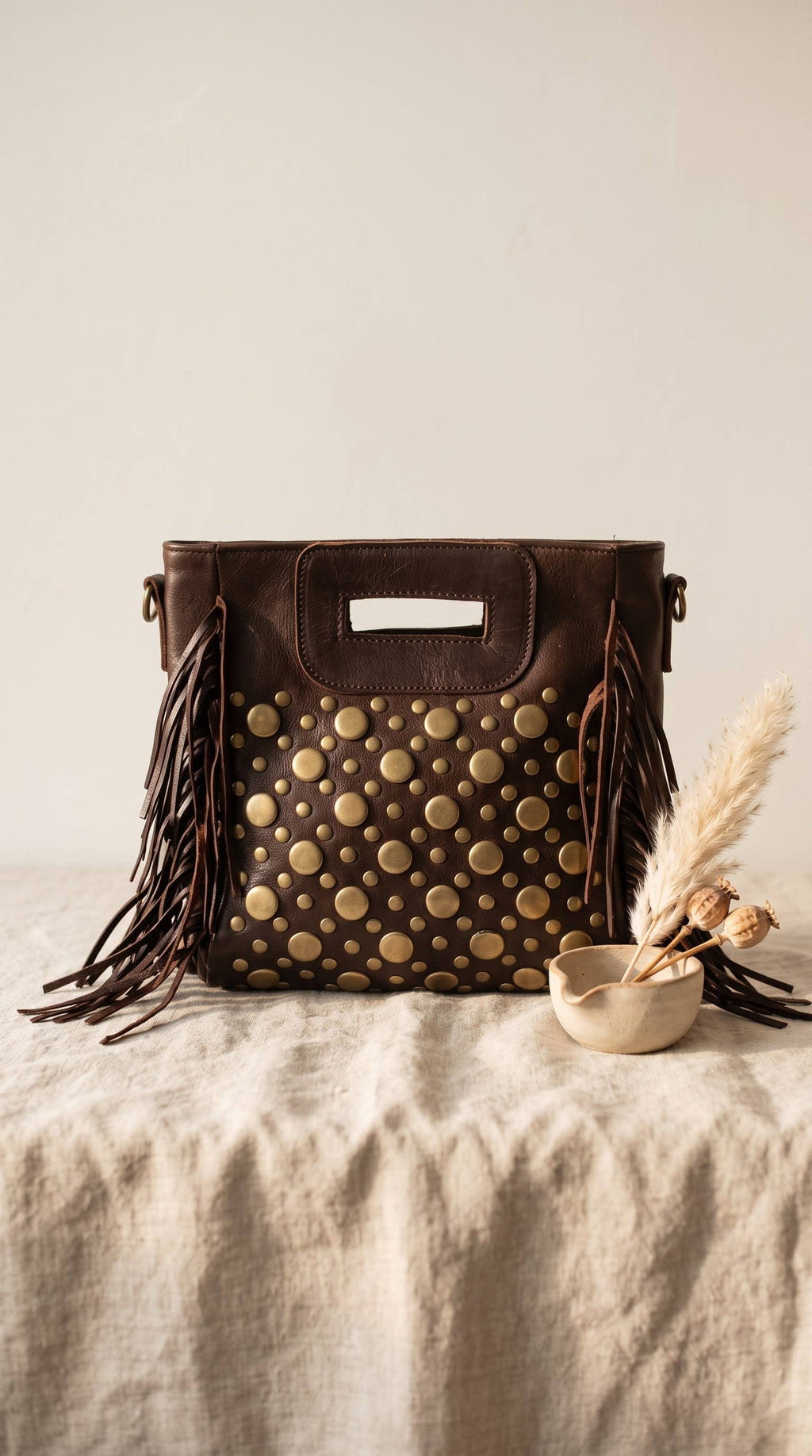 Studded Fringe, Genuine Leather Dark Brown