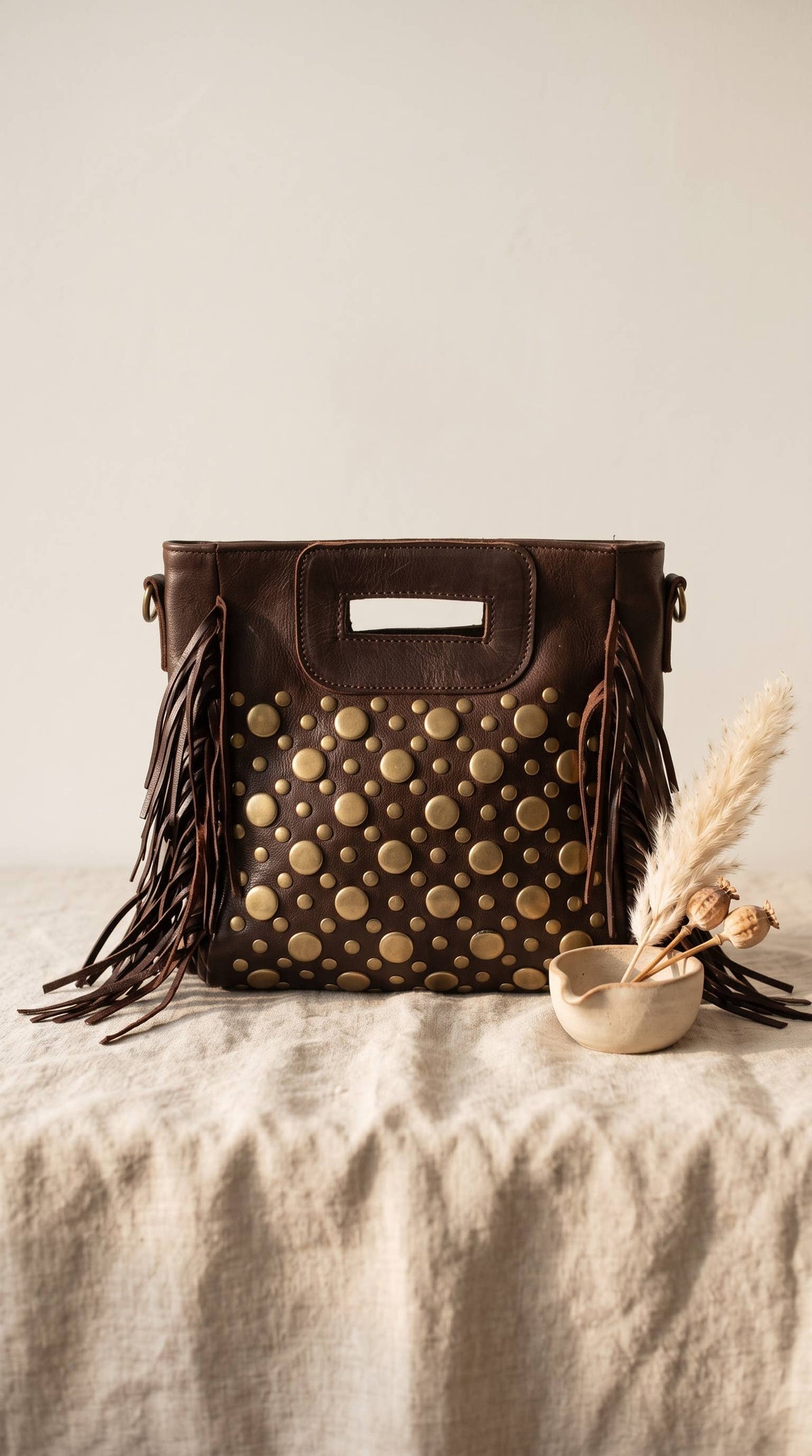 Studded Fringe, Genuine Leather Dark Brown