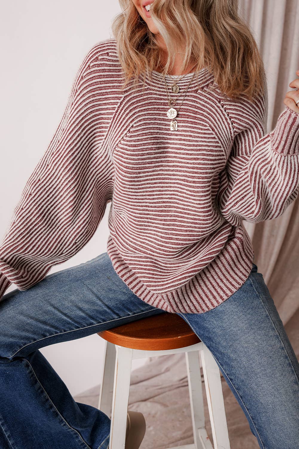 Striped Print Ribbed Knit Boat Neck Baggy Sweater