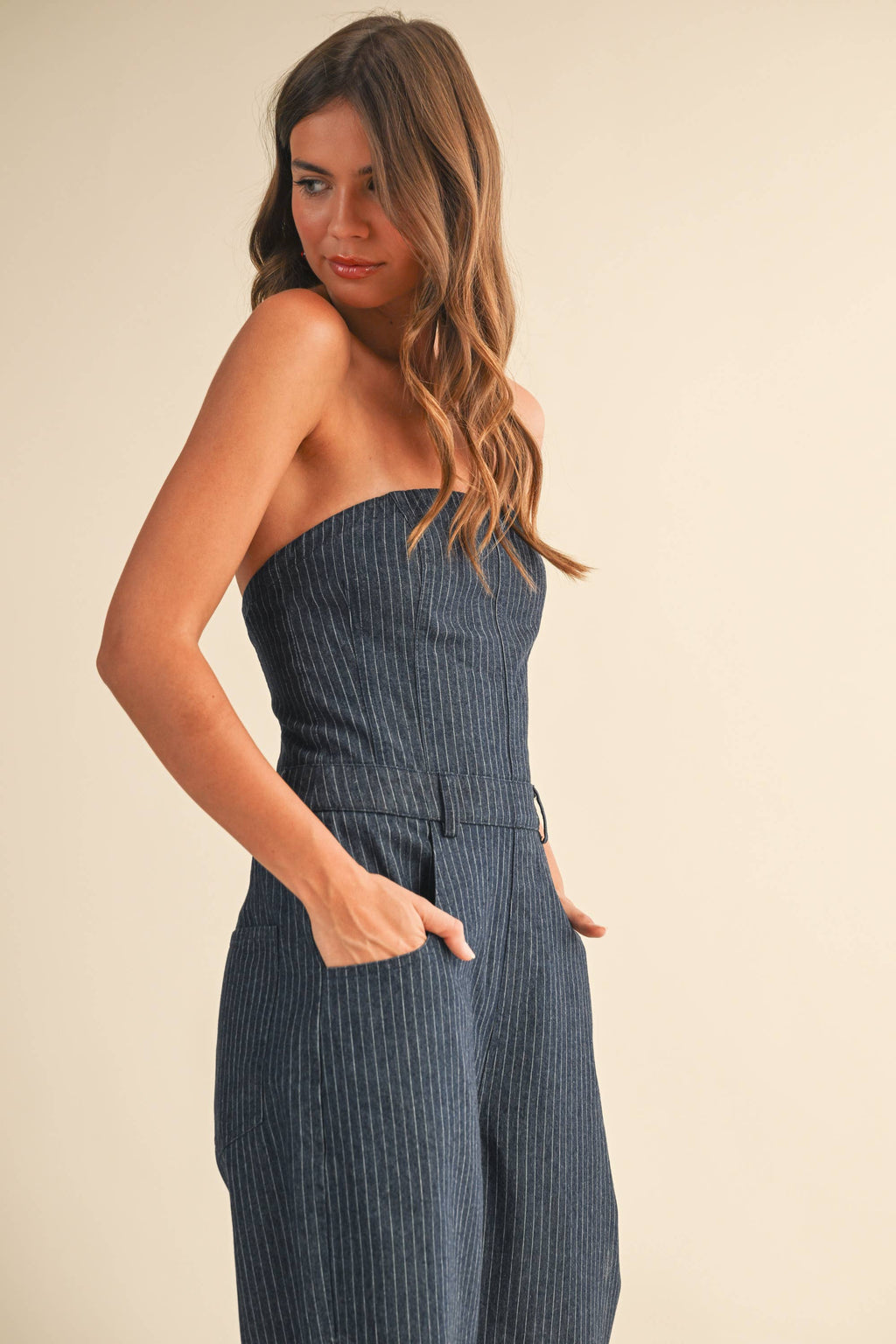 Pinstriped Strapless Barrel Pants Jumpsuit