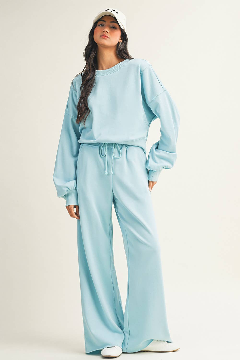 Drop Shoulder Pullover Drawstring Wide Leg Pants Set