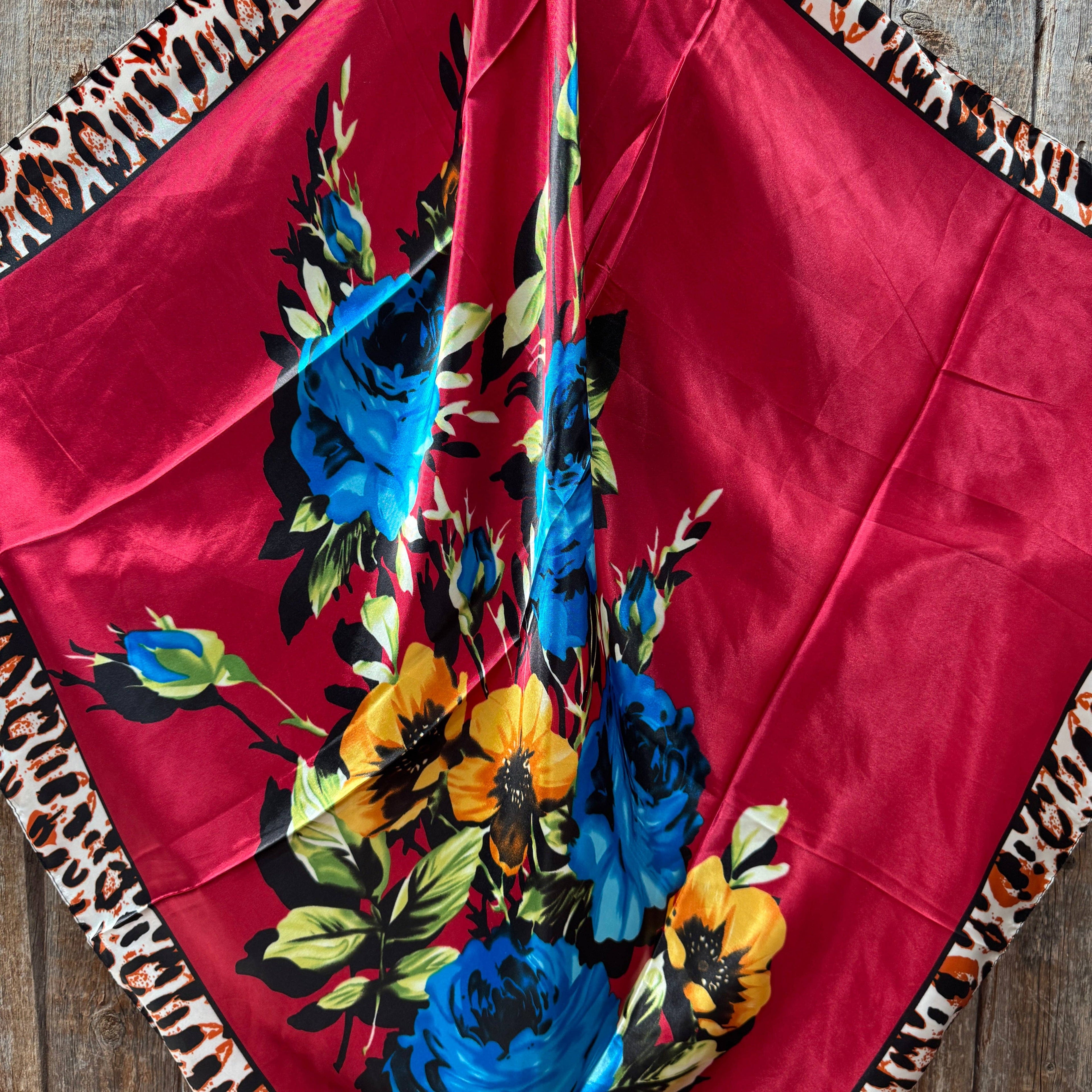 35X35"  Red Floral Leopard Print Wild Rag / Scarf WR702X