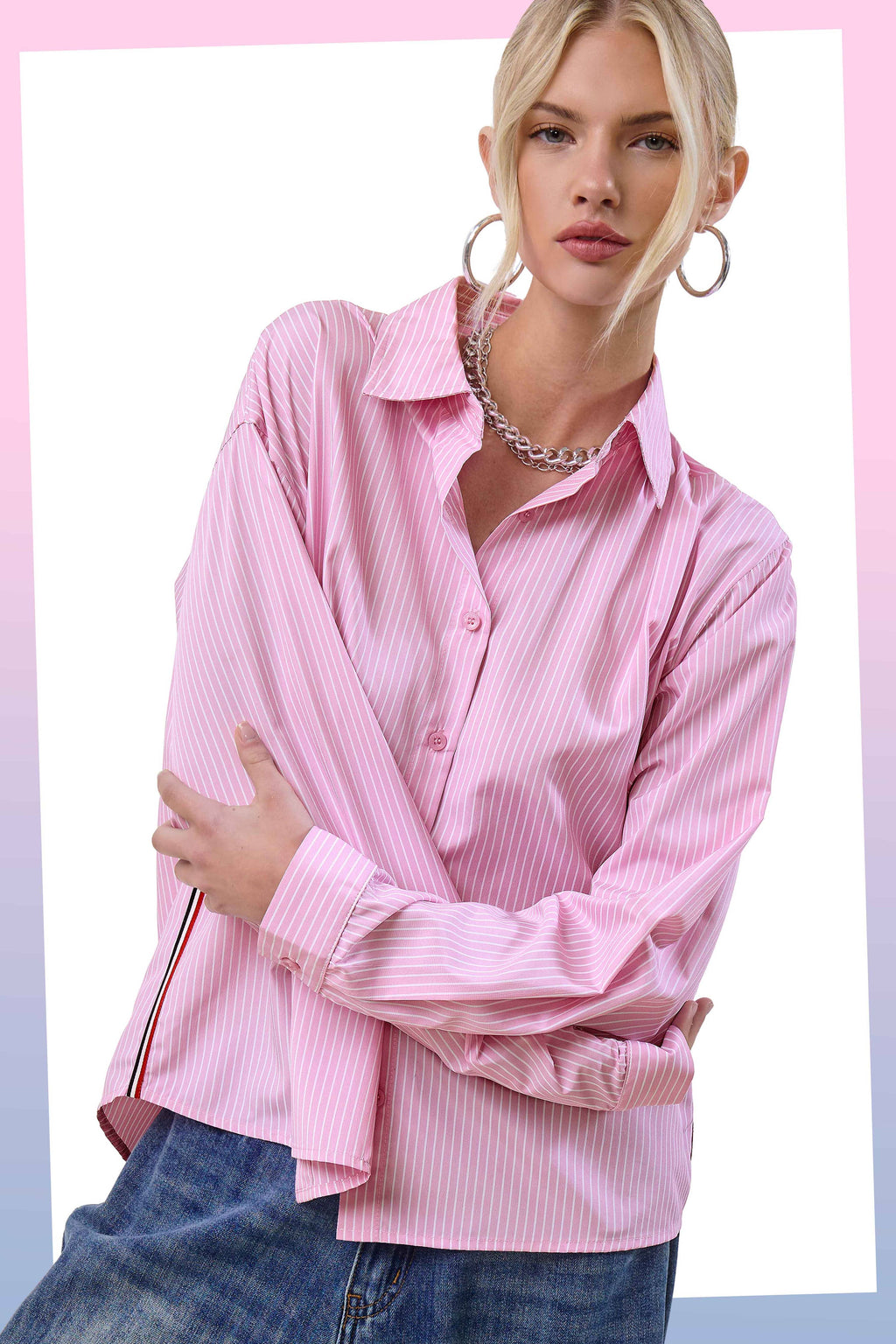 SRT7908-Stripe Button Down Shirt with Nautical Twill Tape