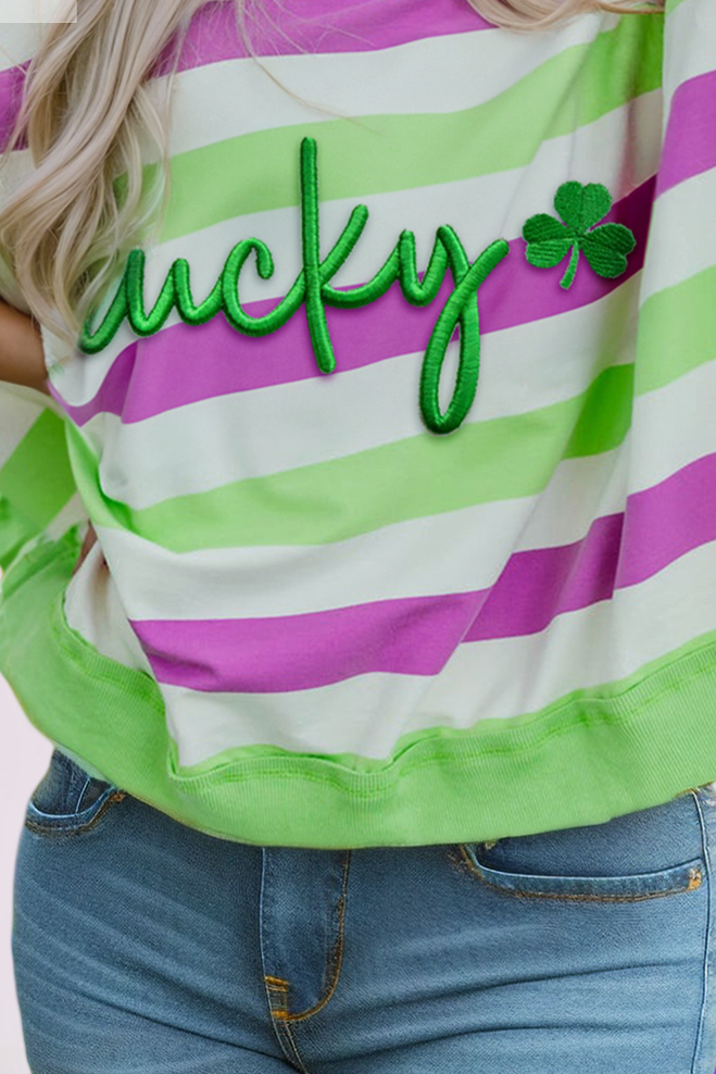 Stripe Lucky Clover Embroidered Graphic Dolman Tee