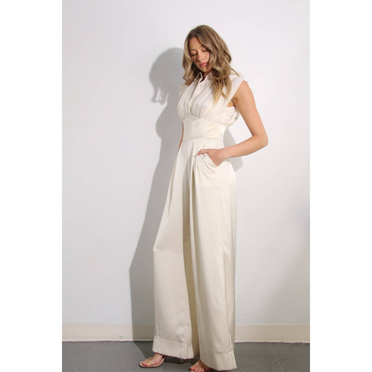 PLEATED TOP SATIN JUMPSUIT