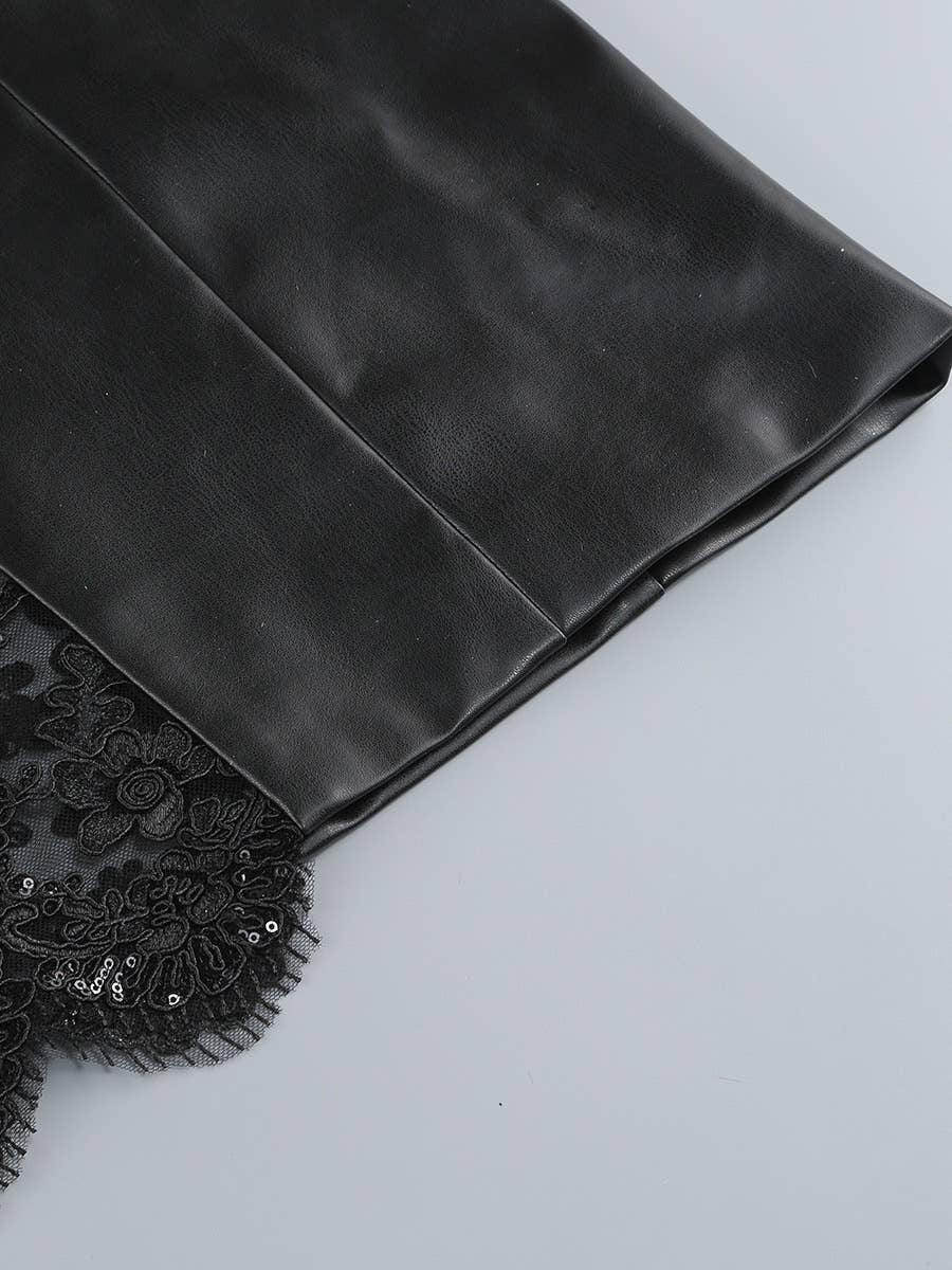 DR1021 Strapless PU Leather Lace Panel Midi Dress Chic