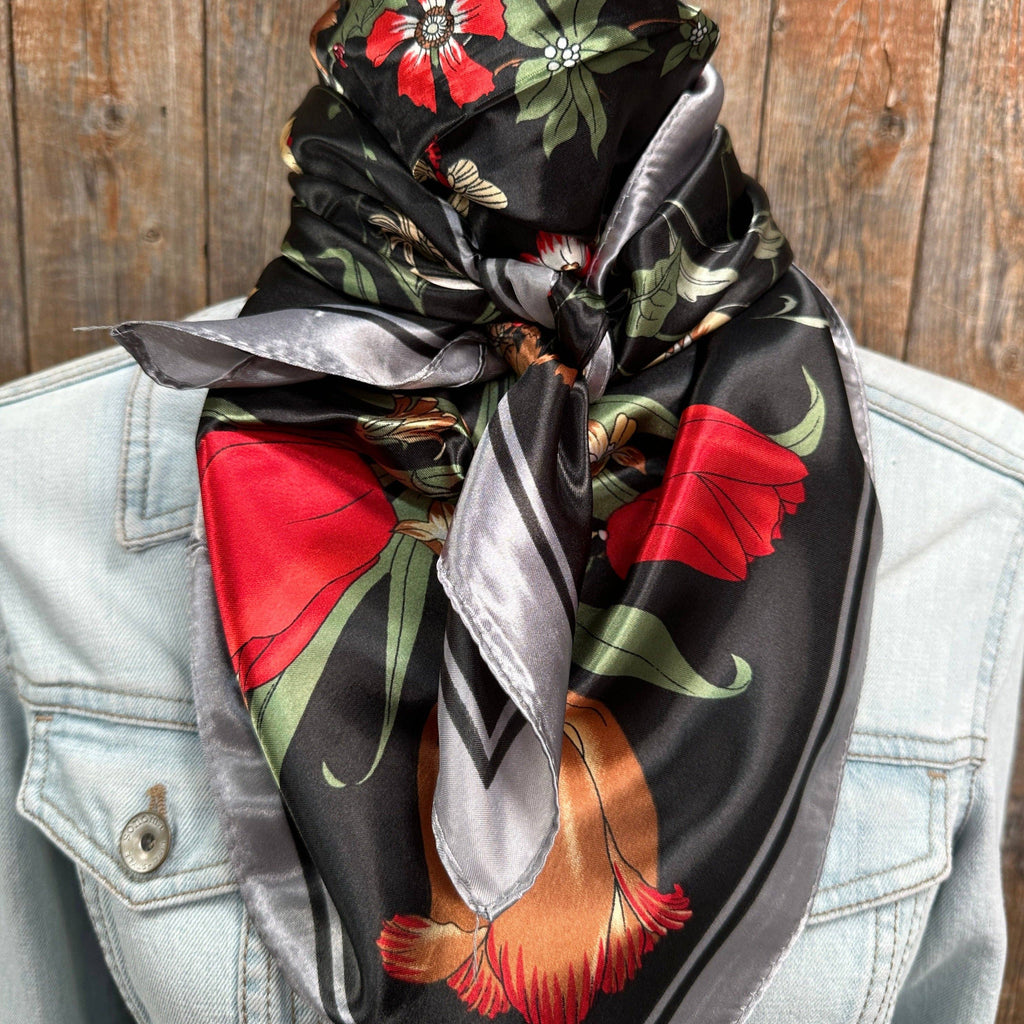 35X35" Black and Silver Tulips and Lilies Wild Rag / Scarf