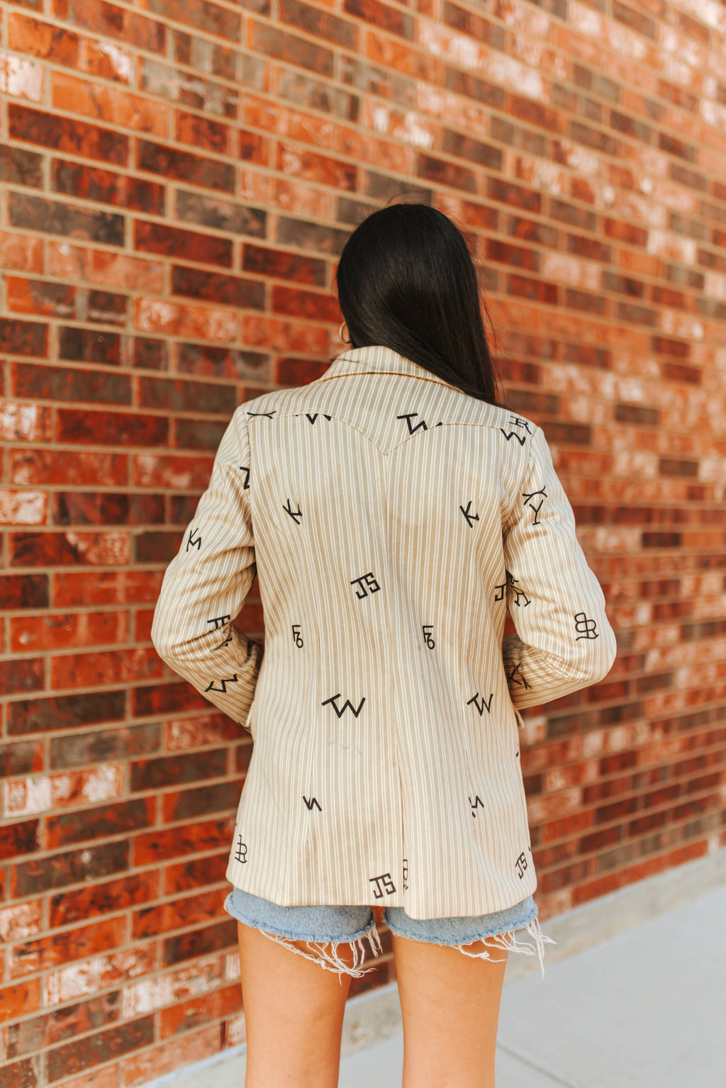 Plus size Beige Pin Stripe Cattle Camel Yoke Button Down Blazer