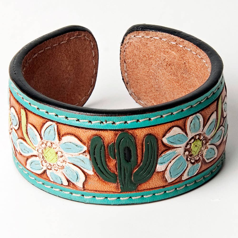 Cactus & Flower Hand Tooled Leather Cuff Bracelet