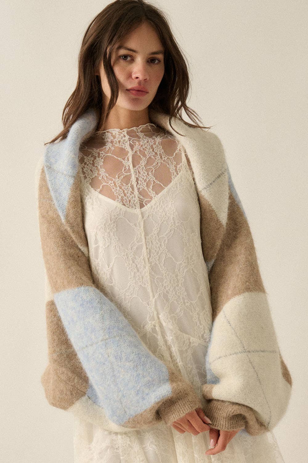 Argyle Jacquard-Knit Shrug Cardigan