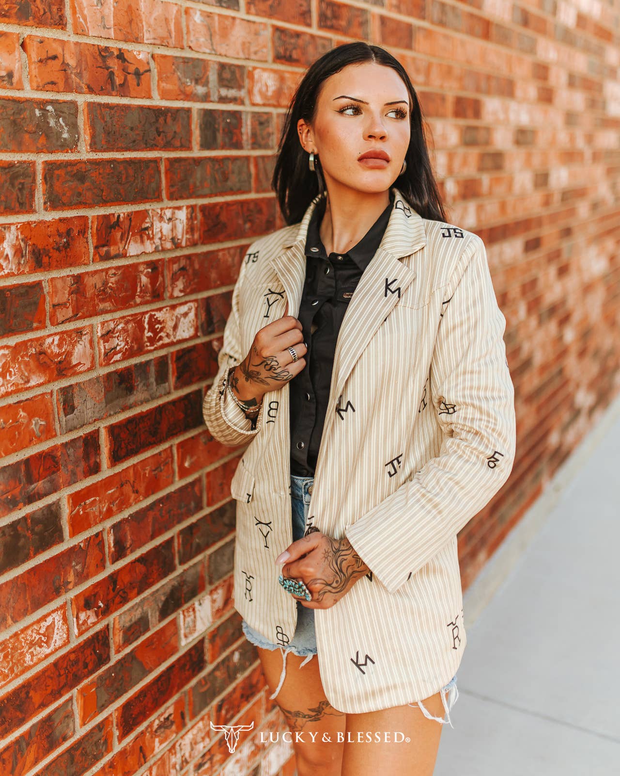 Plus size Beige Pin Stripe Cattle Camel Yoke Button Down Blazer