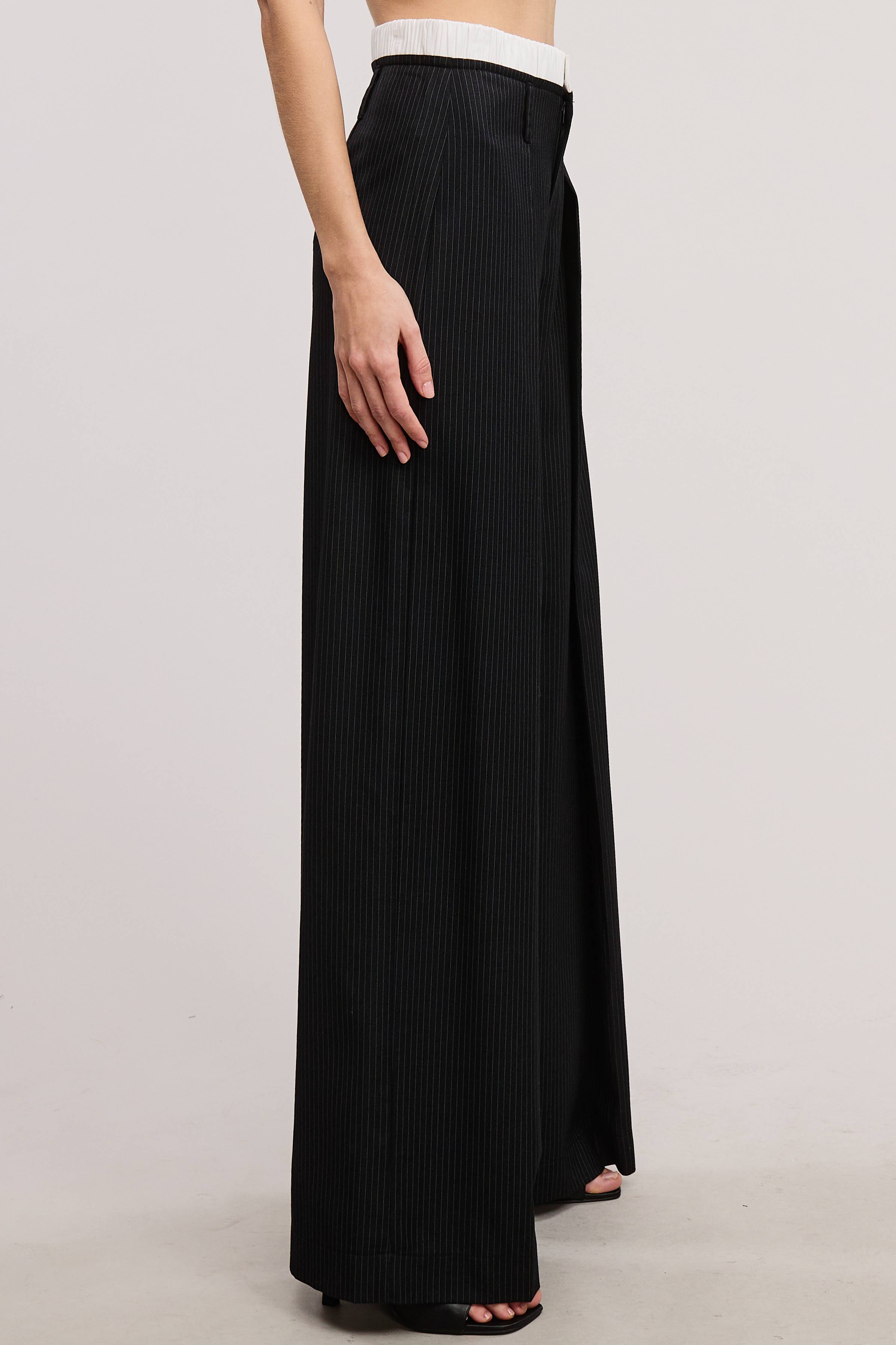 Pinstripe Wide Leg Pants with Contrast Waistband