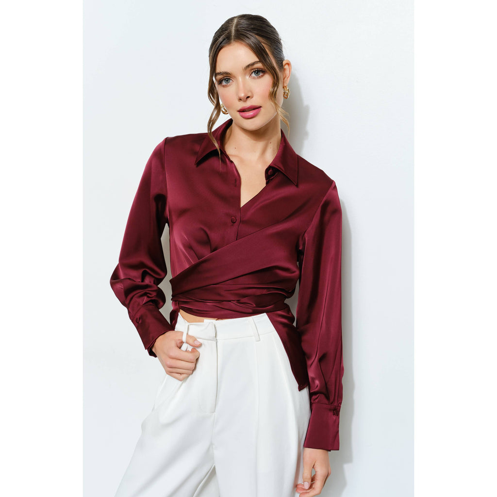 Long Sleeve Satin Wrap Waist Blouse