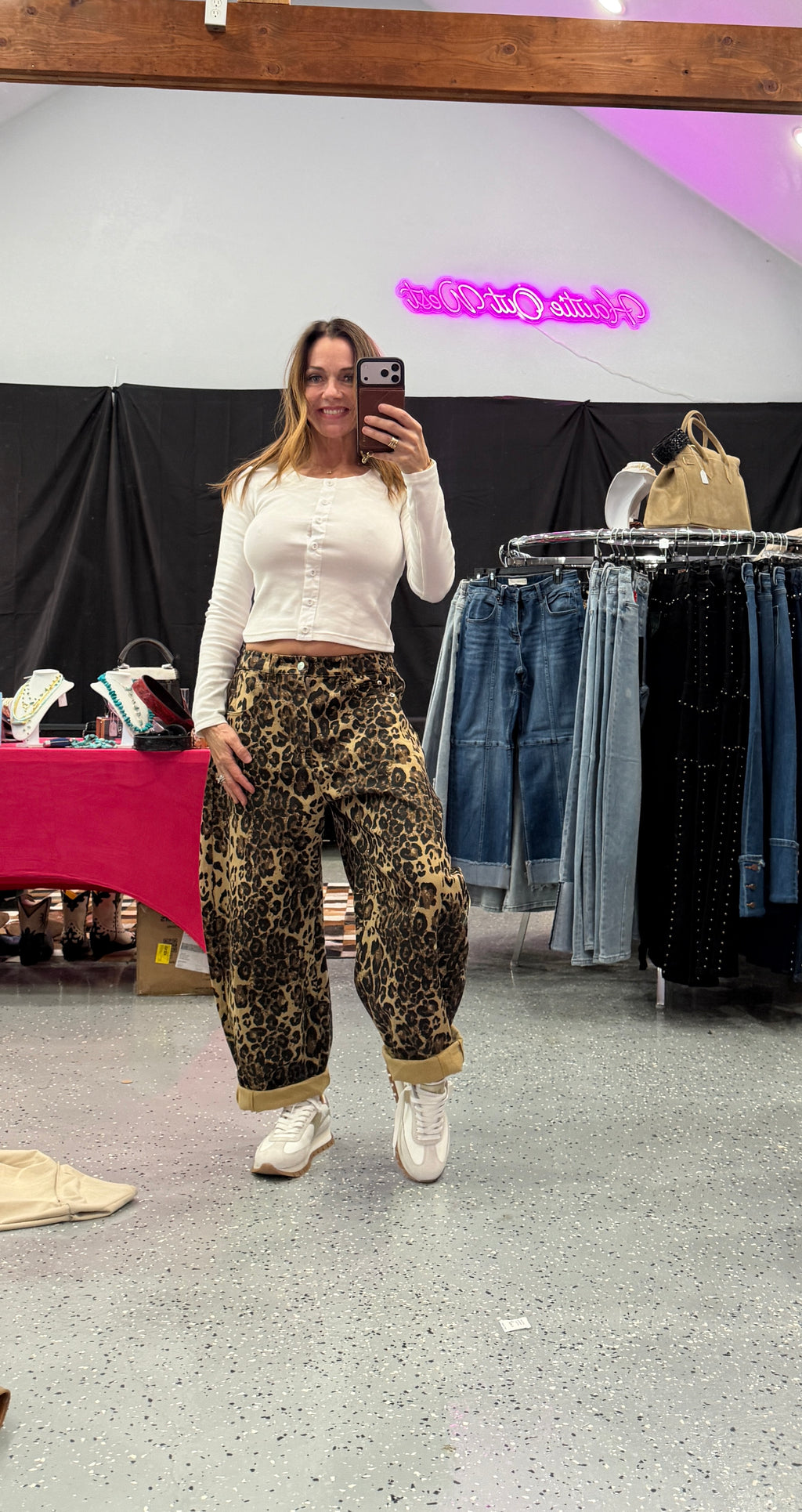 Washed Leopard Printed Barrel Jean