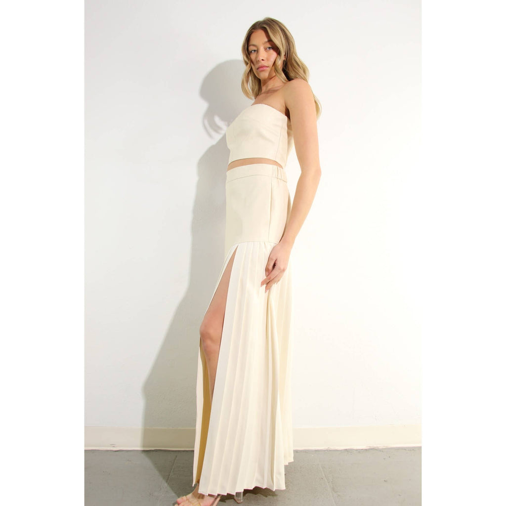 FAUX LEATHER TOP AND PLEATED SLIT SKIRT SET