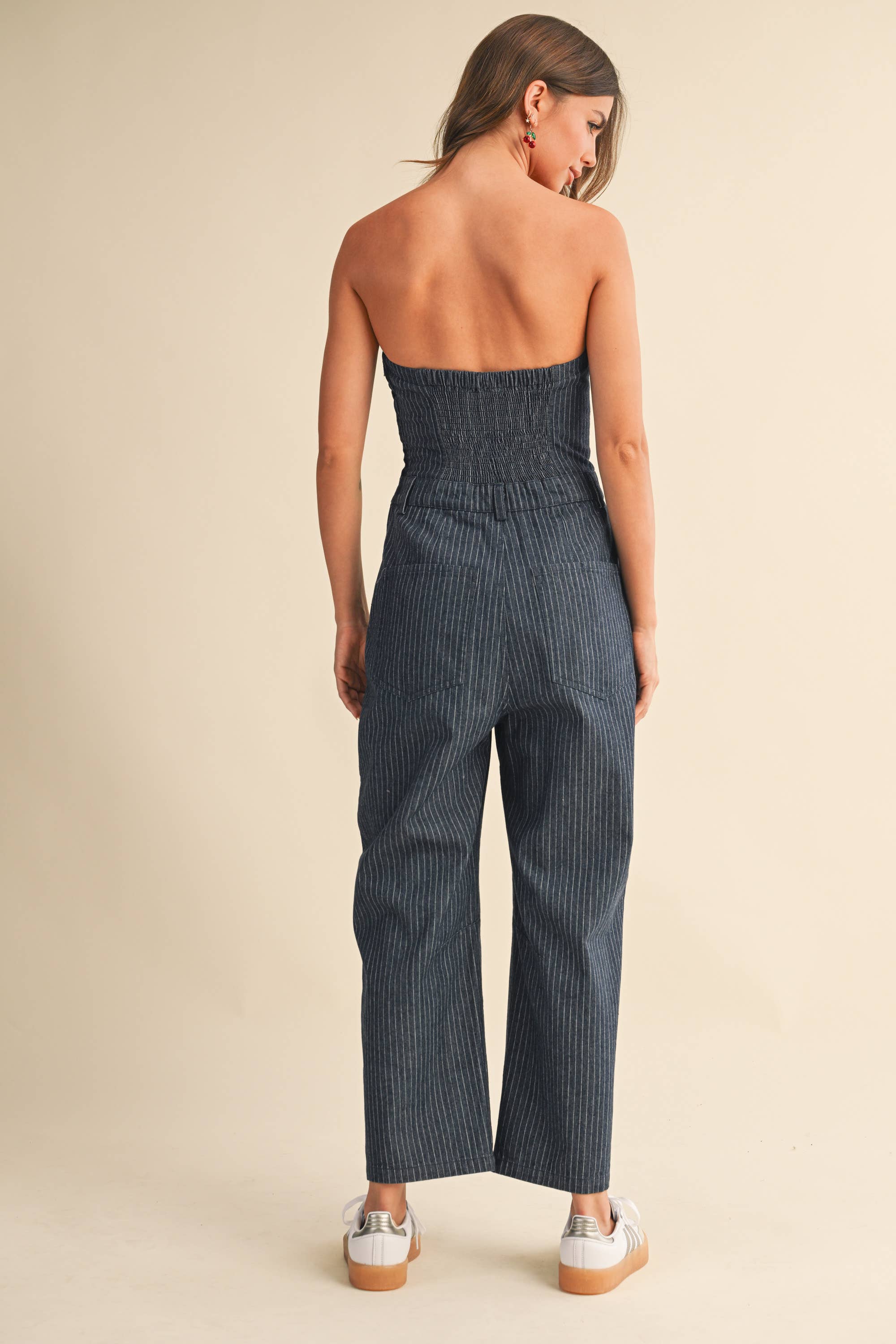 Pinstriped Strapless Barrel Pants Jumpsuit
