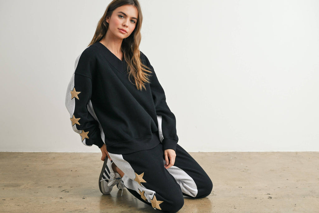Long Sleeve Round Neck Sweatshirt with Star Detail