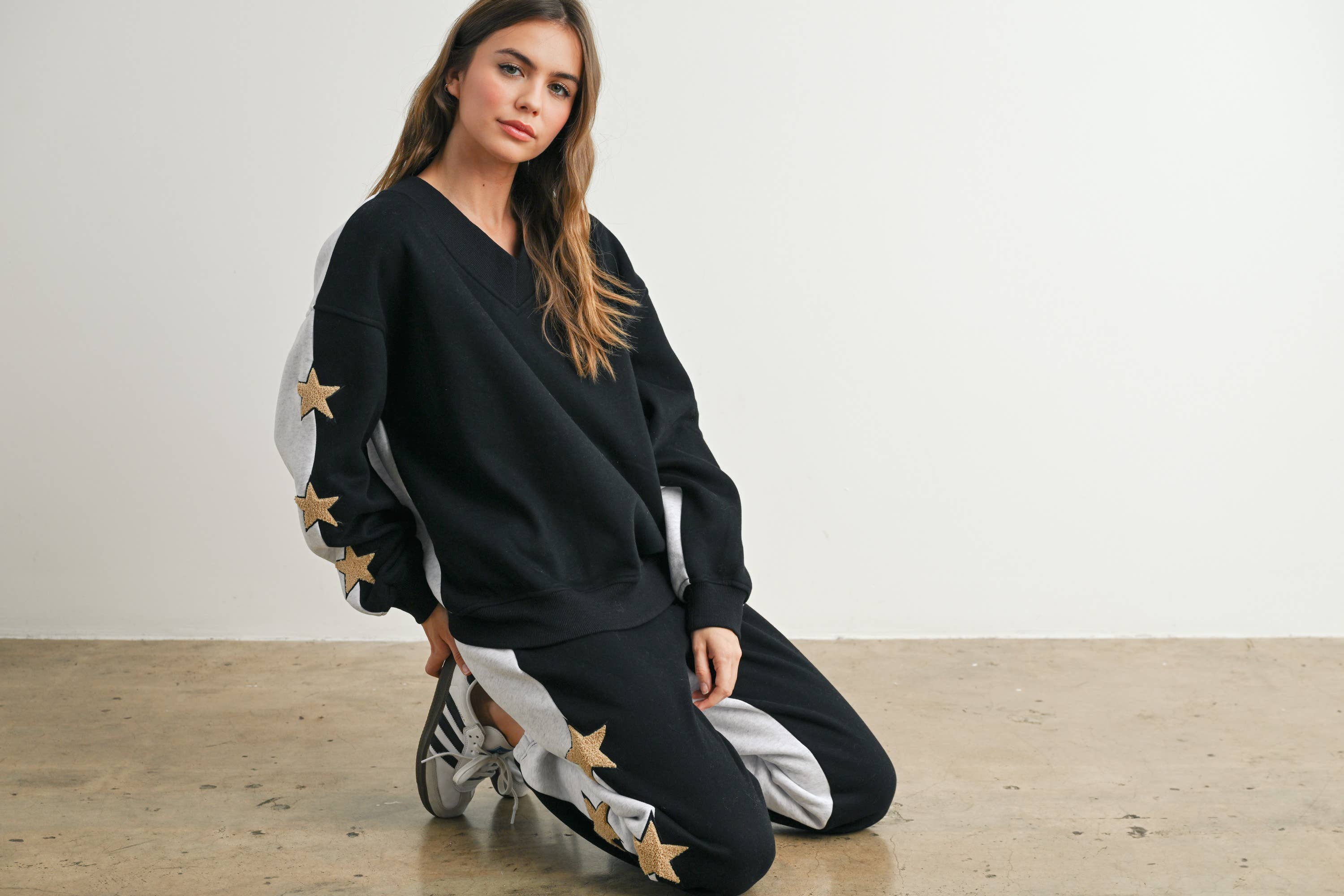 Long Sleeve Round Neck Sweatshirt with Star Detail