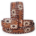 Handtooled Leather Belt - White Floral Inlay