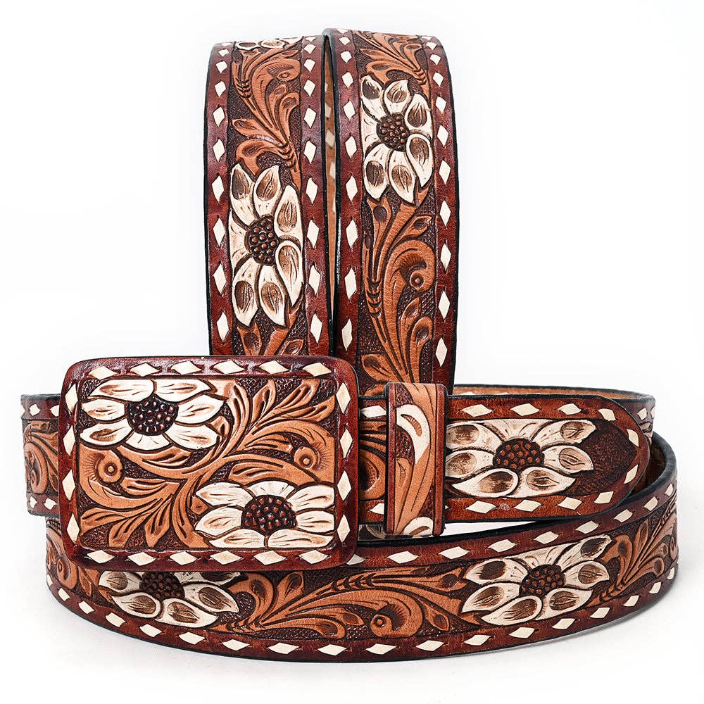 Handtooled Leather Belt - White Floral Inlay