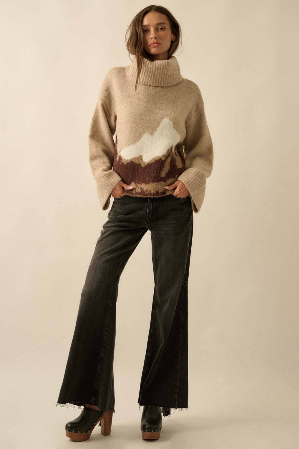 Mountains Fuzzy Jacquard-Knit Turtleneck Sweater
