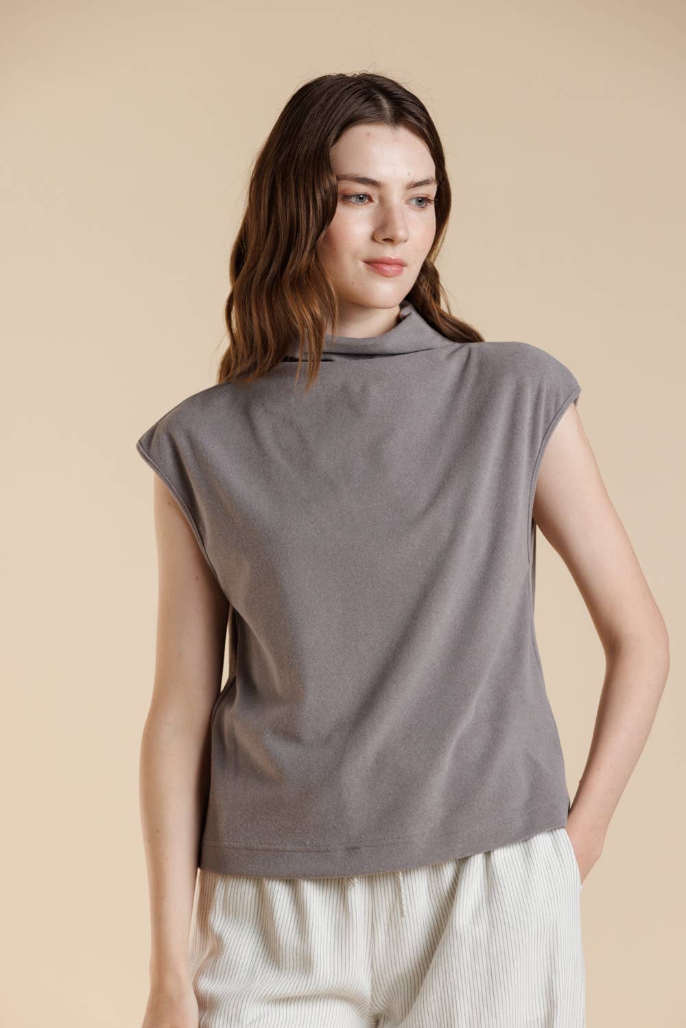 Soft Touch Brushed Knit Mock Neck Sleeveless Top