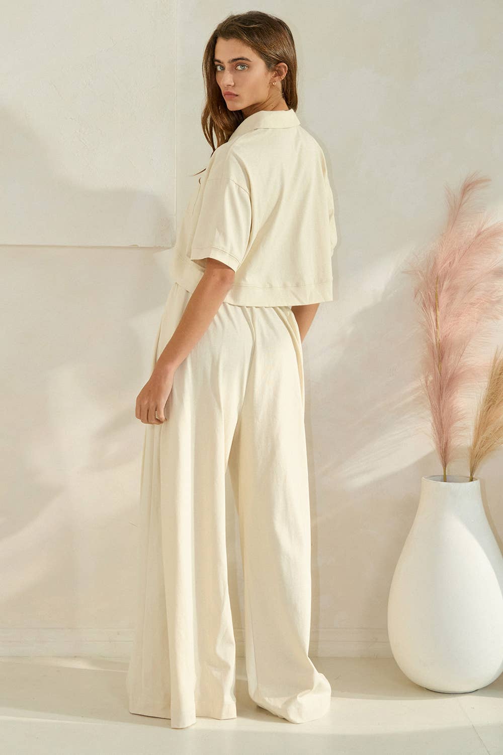 Collared Top and Pleated Wide Leg Pants
