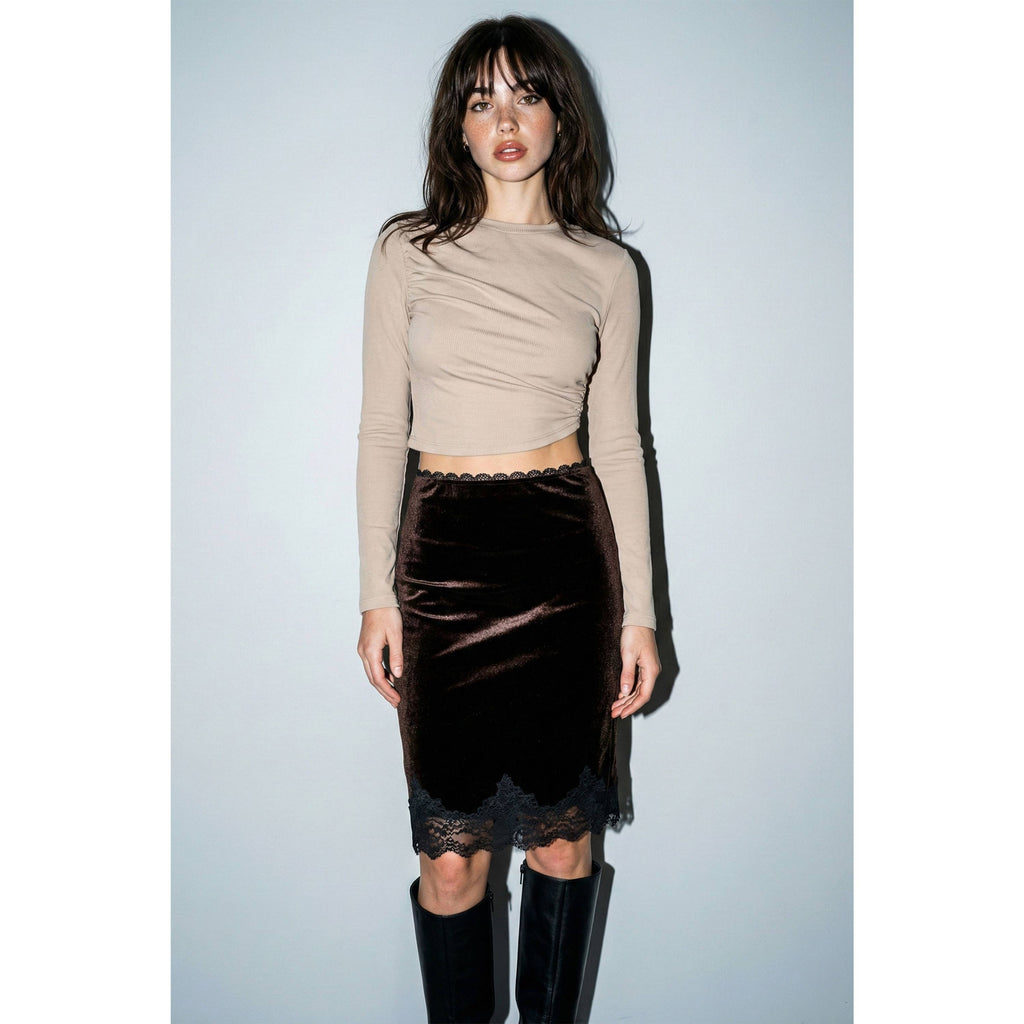 Lace Trim Velvet Knee-Length Skirt