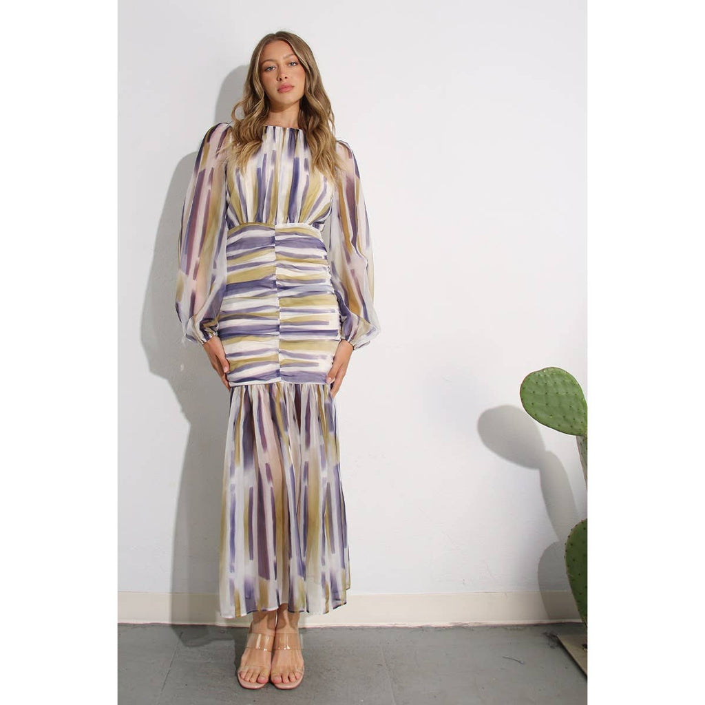 RUCHED LONG CHIFFON DRESS