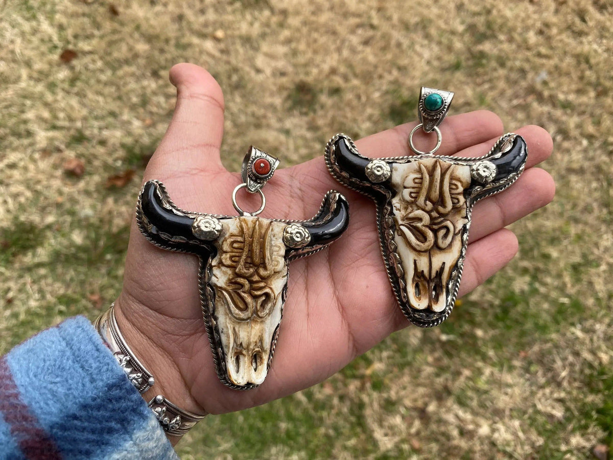 Large Bull Head-Tibetan Silver, Red Coral, Buffalo Bone, Pendant