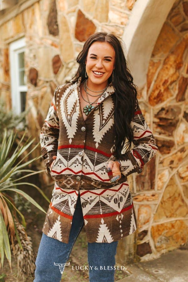 Brown Cream Aztec Printed Button Down Coat