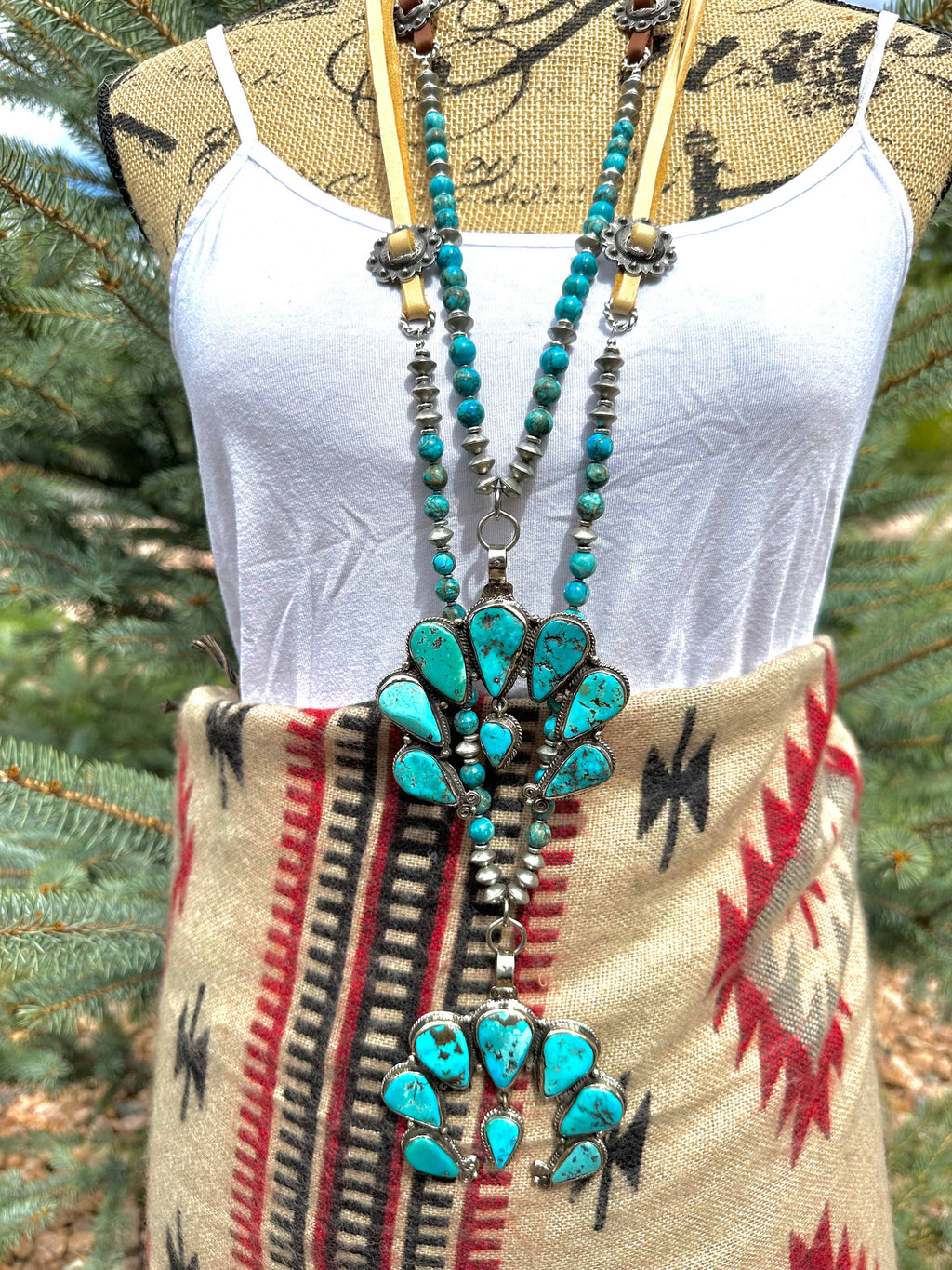 Adjustable Squash Blossom Necklace, Natural Blue Turquoise